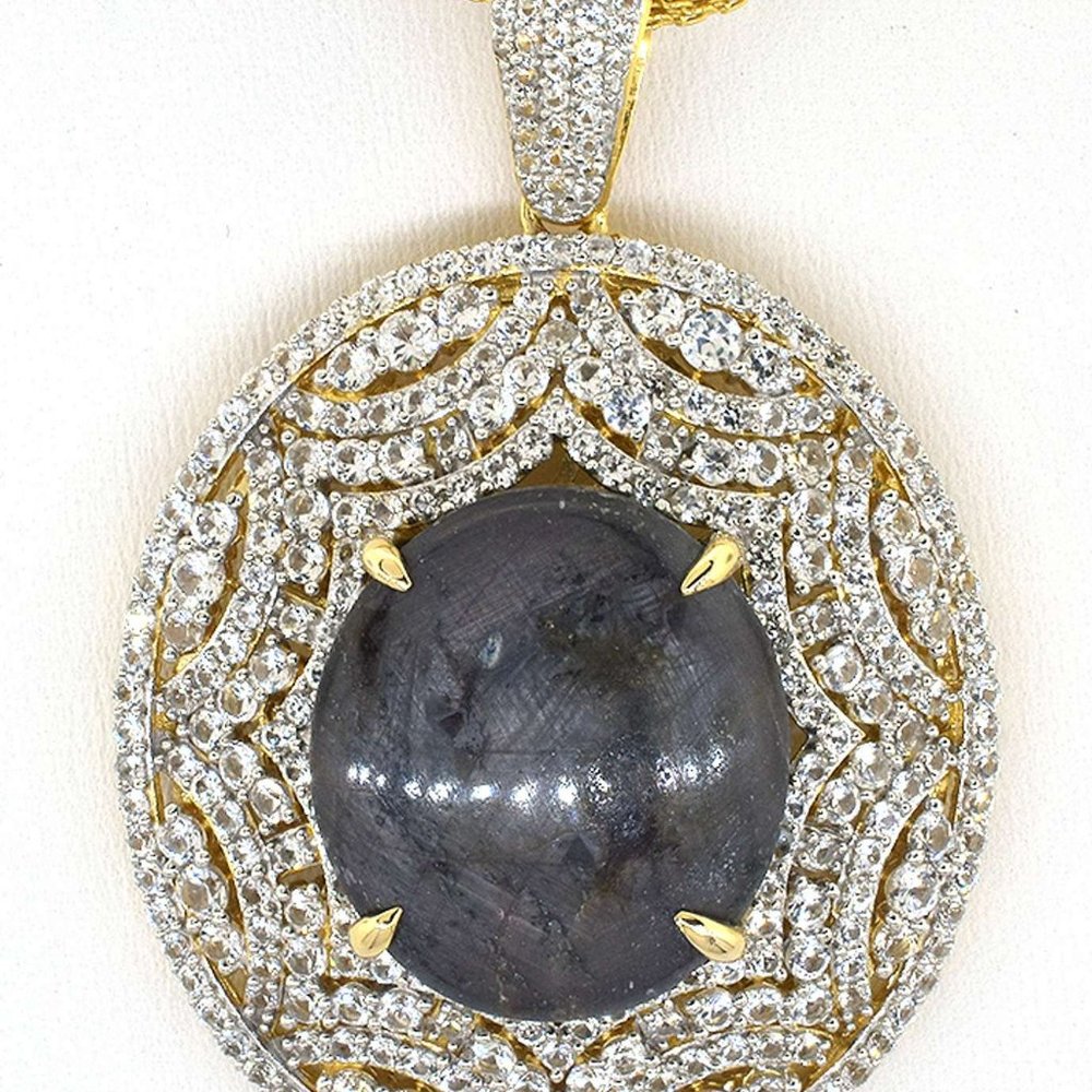 Cabochon Cut Natural Star Ruby & White Sapphire Necklace in Vermeil